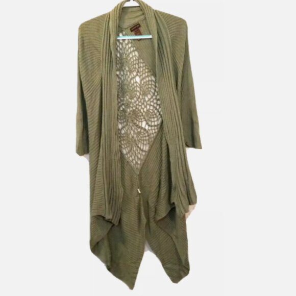 Multiples Women’s XL Olive Ribbed Midi Cardigan Crochet Back Shawl Collar EUC - Picture 4 of 13